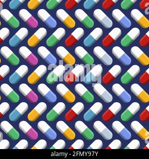Vector seamless pattern with pills, tablets of different colors, isolated on dark blue background. Medical preparations. Flat design. Stock Vector