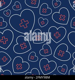 Seamless vector pattern of the abstract outline white heart symbols with red crosses. Color illustration. Stock Vector