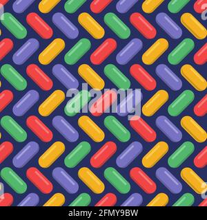 Vector seamless pattern with pills, tablets of different colors, isolated on dark blue background. Medical preparations. Flat design. Color. Stock Vector