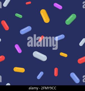 Vector seamless pattern with color pills, tablets, isolated on dark blue background. Medical preparations. Flat design. Color illustration. Stock Vector