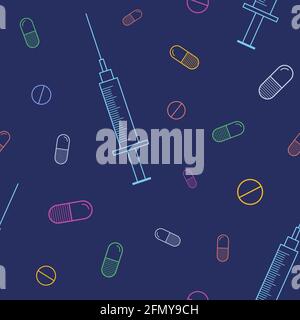 Vector seamless pattern with color outline pills, tablets, capsules, medical syringes, isolated on dark blue background. Linear style. Stock Vector