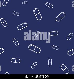 Vector seamless pattern with white pills, tablets, capsules, isolated on dark blue background. Medical preparations. Linear style design. Stock Vector