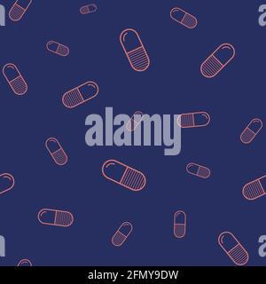 Vector seamless pattern with red color pills, tablets, isolated on dark blue background. Medical preparations. Linear style. Outline icons. Stock Vector