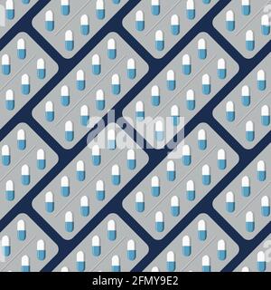 Seamless vector pattern with white and turquoise medical tablets, capsules. Medical drug packages for tablets. Medicine background. Stock Vector