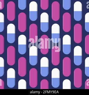 Vector seamless pattern with white and violet, pink pills, tablets, isolated on dark blue background. Capsules. Medical preparations. Flat design. Stock Vector