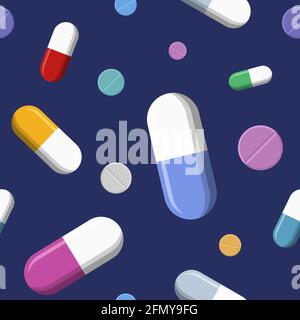 Vector seamless pattern with colored pills, tablets, isolated on dark blue background. Medical preparations. Color illustration. Stock Vector
