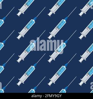 Seamless pattern of medical syringes with medicine, drugs, isolated on blue background. Color illustration. Stock Vector