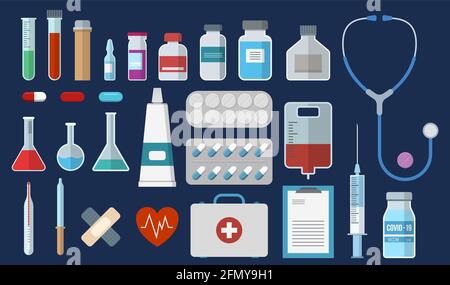 Set of medical equipment, pharmacy items. Flat style icons, isolated on dark background. Syringe, plaster, test tubes, pills, stethoscope, dropper. Stock Vector
