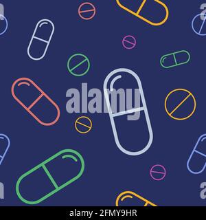 Vector seamless pattern with color pills, tablets, capsules, isolated on dark blue background. Medical preparations. Linear style design. Stock Vector