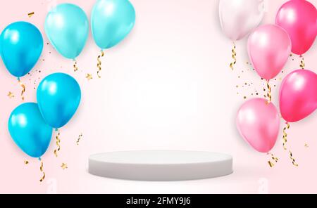Realistic 3d white pedestal over light pastel natural background with balloons. Trendy empty podium display for cosmetic product presentation, fashion Stock Vector