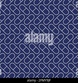 Vector seamless pattern with white pills, tablets, isolated on blue background. Medical preparations. Linear style design. Stock Vector