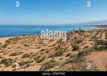 Lake Issyk kul, Kyrgyzstan. empty sandy beach on the southern shore of the lake. Stock Photo