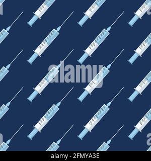 Seamless pattern of medical syringes with medicine, drugs, isolated on blue background. Diagonal arrangement. Color illustration. Stock Vector