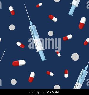 Seamless pattern of medical syringes and pills, tablets, capsules, isolated on blue background. Color illustration. Stock Vector