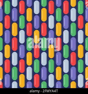 Vector seamless pattern with pills, tablets of different colors, isolated on dark blue background. Medical preparations. Flat design. Stock Vector