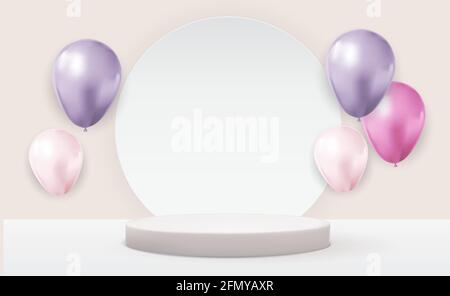 Realistic 3d white pedestal over light pastel natural background with balloons. Trendy empty podium display for cosmetic product presentation, fashion Stock Vector