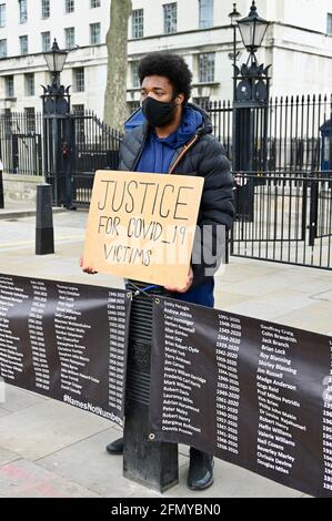 London, UK. May 12 2021: Names Not Numbers, the organisation that aims to remember and campaign for those who lost their lives due to Government negligence and lack of action during the COVID-19 crisis. Opposite Downing Street, Westminster. Credit: michael melia/Alamy Live News Stock Photo
