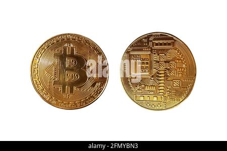 Bitcoin token coin isolated on white background: face and reverse sides Stock Photo