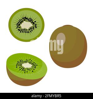 kiwi, whole round green kiwi, half and a slice of kiwi. vector isolated on a white background. Stock Vector