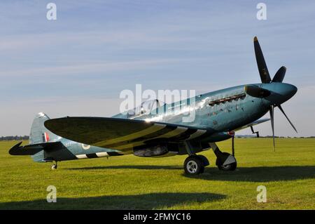 Rolls Royce owned Second World War Supermarine Spitfire XIX fighter plane PS853. G-RRGN. Rolls-Royce Heritage Flight aircraft in photo recce blue Stock Photo