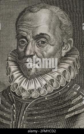 William of Orange-Nassau (1533-1584) called the Taciturn. A member of the House of Nassau, he became Prince of Orange in 1544. Joined the rebellion against the rule of the Habsburg king Philip II of Spain. Portrait. Engraving, detail. Wars of Flanders. Edition published in Antwerp, 1748. Stock Photo