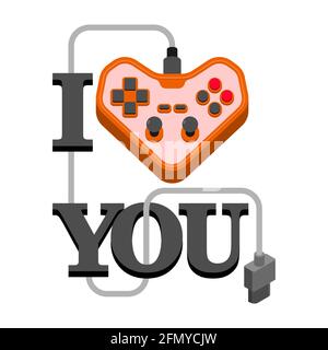 Love video games. Joystick in form of heart. Gamer symbol gamepad couple. I love to play video game Stock Vector