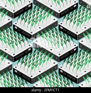 Chia coin pattern seamless. Sprouts seedling hard drive. Mining cryptocurrency on hard drives Stock Vector