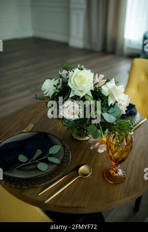 Luxury wedding table decoration. Special event table set up. Fresh flower decoration Stock Photo