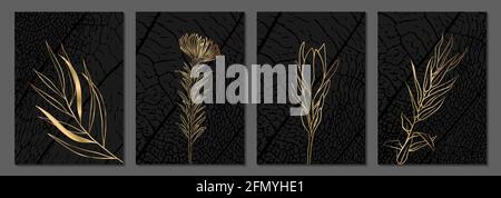 A set minimalist botanical illustration. Golden outline of a plant on a black background.. Suitable for posters, greeting cards, corporate cards and i Stock Vector
