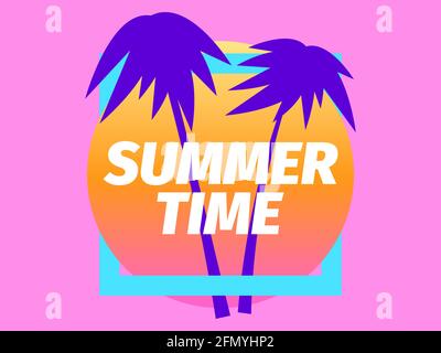 Summer time. Purple palm trees against a background of a gradient orange sun in a blue frame on a pink background. Synthwave and retrowave style. Vect Stock Vector