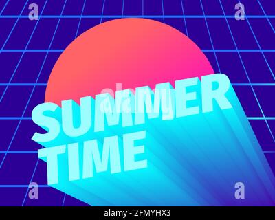 Summer time. 80s retro sci-fi 3D text. Virtual reality grid background. Synthwave and retrowave style. Design for advertising brochures, banner and po Stock Vector