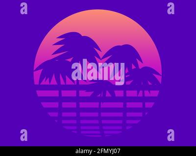Palm trees against a gradient sun in the style of the 80s. Retro sci-fi sunset. Synthwave and retrowave style. Design for advertising brochures, banne Stock Vector