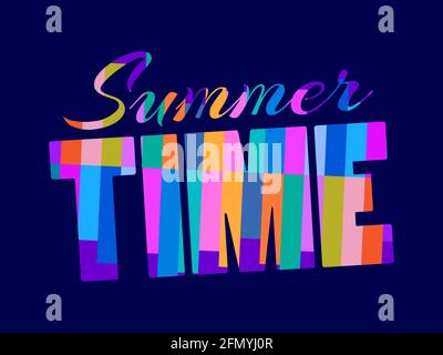 Summer time. Text with a multicolored geometric pattern. 80s retro design for poster and banner. Vector illustration Stock Vector