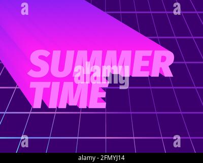 Summer time text in 80s style. Virtual reality grid background. Synthwave and retro wave style. Design for advertising banner and poster. Vector illus Stock Vector