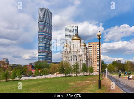 Construction of the Church of Saints Equal to the Apostles Methodius and Cyril in Rostokino: Moscow, Russia - May 07, 2021 Stock Photo