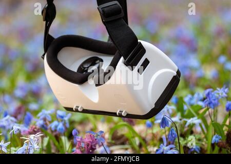 3D Virtual reality headset glasses in spring blue wild flowers. VR tech gear goggles close-up. Optical entertainment system for smartphones Stock Photo