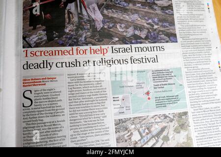 'I screamed for help' 'Israel mourns deadly crush at religious festival' newspaper headline Mount Meron article in Guardian on 1 May 2021 London  UK