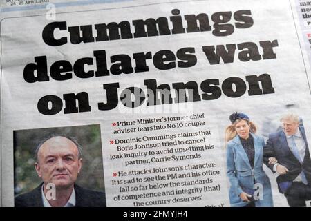 i news inews newspaper headline Dominic 'Cummings declares war on Johnson' London England UK 24 April 2021 London England UK Stock Photo