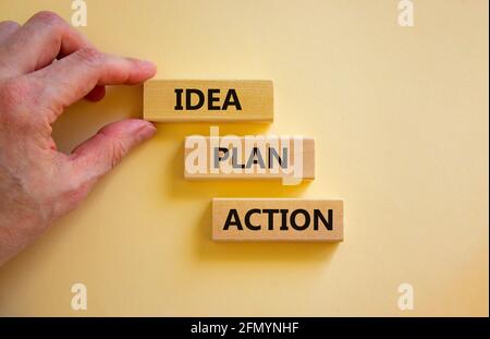 Idea, plan, action symbol. Wooden blocks with words 'Idea, plan, action' on beautiful white background. Businessman hand. Business, idea, plan, action Stock Photo