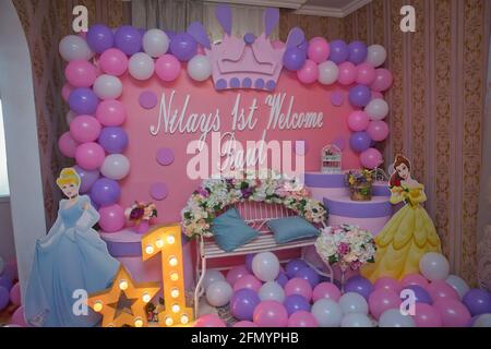 Baku Azerbaijan . 14.11.2020 . Nilays 1st Welcome Raul . Pink candybar . Candybar decorated with white, pink, purple balloons . Beauty and Beast . Stock Photo