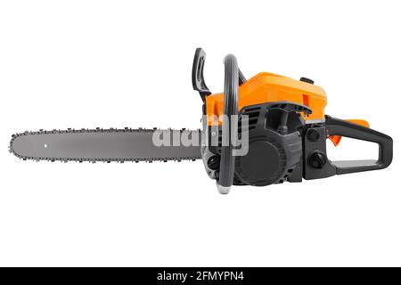 Petrol chainsaw side view isolated on white background. Gasoline chain saw. Stock Photo