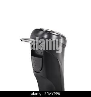Black mustache and beard trimmer nozzle in cordless shaving machine isolated on white background Stock Photo