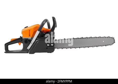 Gasoline chainsaw isolated on white background. Garden power tool - chain saw. Stock Photo