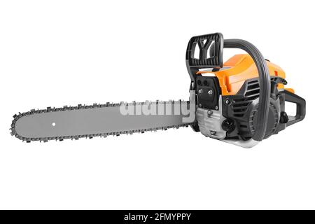 Portable gasoline chainsaw isolated on white background. Modern petrol chainsaw. Stock Photo