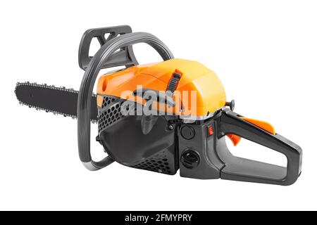 Portable gasoline chainsaw isolated on white background. Modern petrol chainsaw. Stock Photo