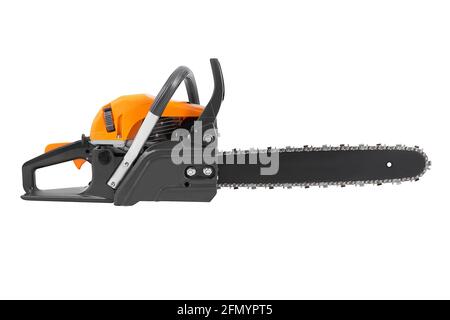 Petrol chainsaw side view isolated on white background. Gasoline chain saw. Stock Photo