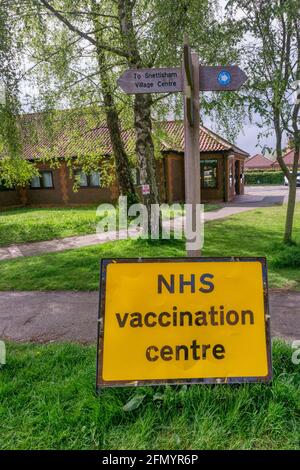 Sign for NHS Vaccination Centre in Norfolk village of Snettisham. During coronavirus pandemic 2021 - 2022. Stock Photo