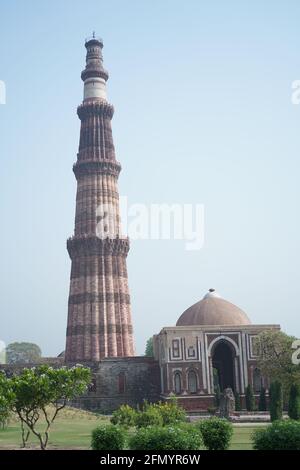 The Qutb Minar, also spelled as Qutub Minar and Qutab Minar, is a minaret and 'victory tower' that forms part of the Qutb complex, a UNESCO World Heri Stock Photo