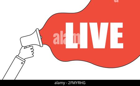 Hand holding megaphone with live webinar message in bubble speech banner. Announcement. Stock Vector