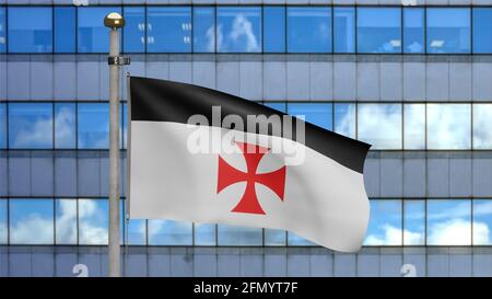 3D Banner of the knights templars at modern city, the Catholic military order medieval. Flag of poor fellow soldiers of christ and temple of solomon. Stock Photo